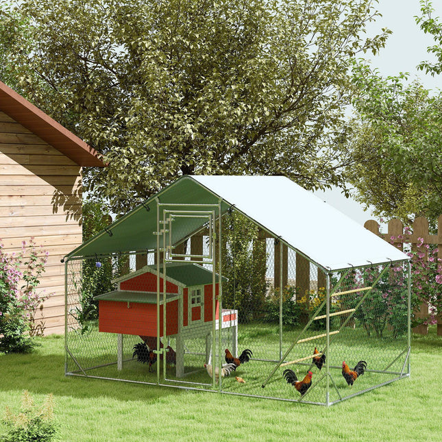 Walk-in Chicken Run for 6-8 Poultry with Cover, Feeding Door, Feeder & Perch - Silver