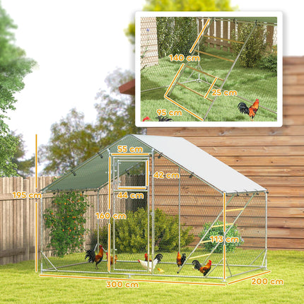 Walk-in Chicken Run for 6-8 Poultry with Cover, Feeding Door, Feeder & Perch - Silver