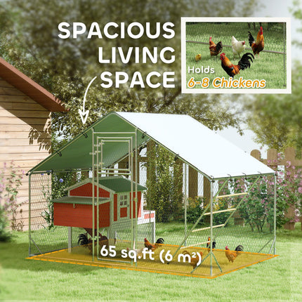 Walk-in Chicken Run for 6-8 Poultry with Cover, Feeding Door, Feeder & Perch - Silver