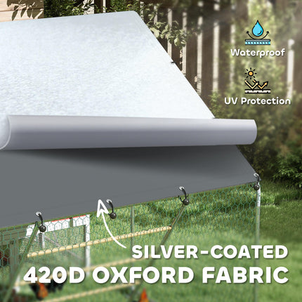 Walk-in Chicken Run for 6-8 Poultry with Cover, Feeding Door, Feeder & Perch - Silver