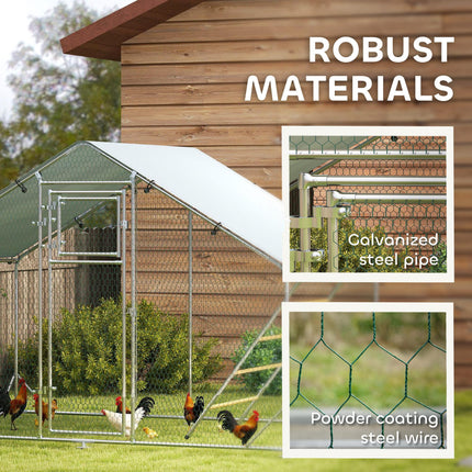 Walk-in Chicken Run for 6-8 Poultry with Cover, Feeding Door, Feeder & Perch - Silver