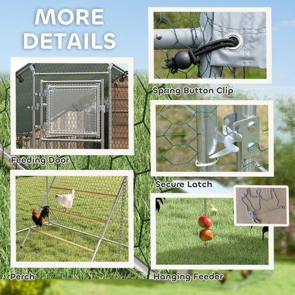 Walk-in Chicken Run for 6-8 Poultry with Cover, Feeding Door, Feeder & Perch - Silver