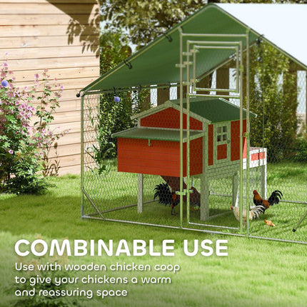 Walk-in Chicken Run for 6-8 Poultry with Cover, Feeding Door, Feeder & Perch - Silver