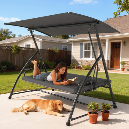 Outdoor 2-in-1 Swing Chair Lounger 3 Seater Garden Swing Seat Bed Convertible Ti