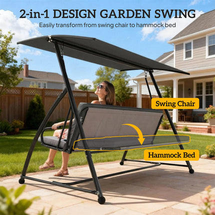 Outdoor 2-in-1 Swing Chair Lounger 3 Seater Garden Swing Seat Bed Convertible Ti
