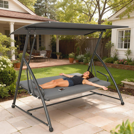 Outdoor 2-in-1 Swing Chair Lounger 3 Seater Garden Swing Seat Bed Convertible Ti