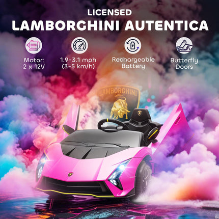 12V Lamborghini Autentica Licensed Kids Electric Car with Remote Control and Four Suspension Wheels - Pink