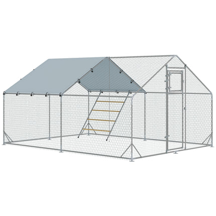 Walk-in Chicken Run for 12-18 Poultry with Cover, Feeding Door, Feeder & Perch - Silver