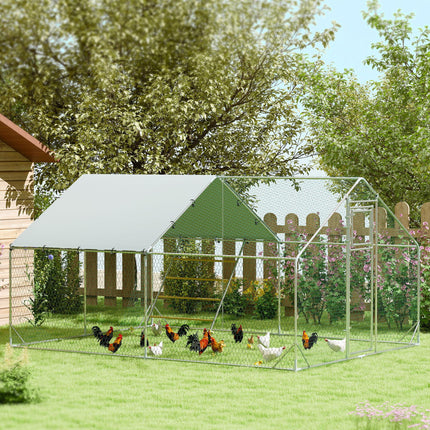 Walk-in Chicken Run for 12-18 Poultry with Cover, Feeding Door, Feeder & Perch - Silver