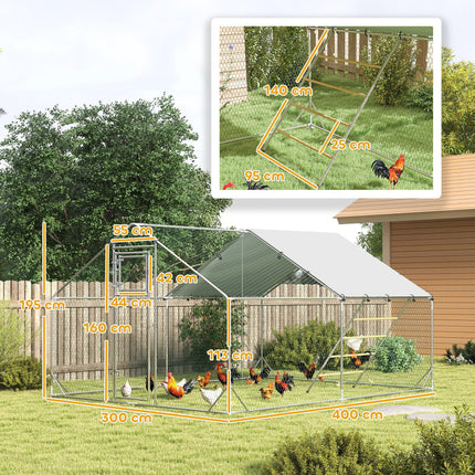 Walk-in Chicken Run for 12-18 Poultry with Cover, Feeding Door, Feeder & Perch - Silver