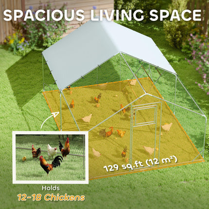 Walk-in Chicken Run for 12-18 Poultry with Cover, Feeding Door, Feeder & Perch - Silver
