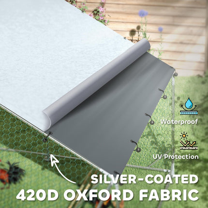 Walk-in Chicken Run for 12-18 Poultry with Cover, Feeding Door, Feeder & Perch - Silver