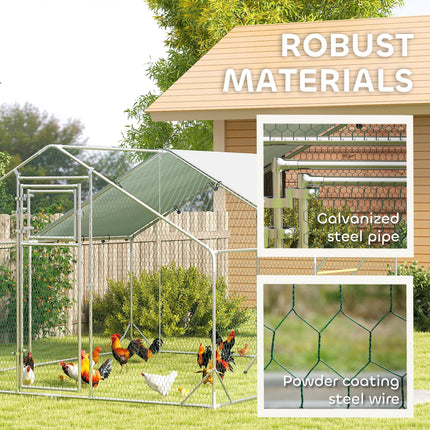 Walk-in Chicken Run for 12-18 Poultry with Cover, Feeding Door, Feeder & Perch - Silver