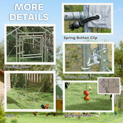 Walk-in Chicken Run for 12-18 Poultry with Cover, Feeding Door, Feeder & Perch - Silver