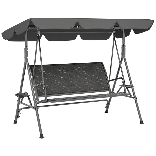 3 Seater Swing Chair, Garden Swing Seat Bench with Adjustable Canopy, Rattan Seat and Steel Frame for Patio, Yard, Grey