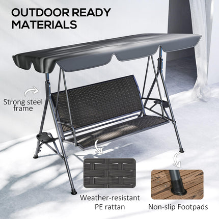 3 Seater Swing Chair, Garden Swing Seat Bench with Adjustable Canopy, Rattan Seat and Steel Frame for Patio, Yard, Grey