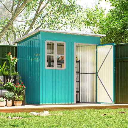 7 x 4ft Galvanised Steel Garden Shed with Lock and Window - Green