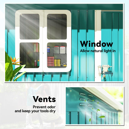 7 x 4ft Galvanised Steel Garden Shed with Lock and Window - Green