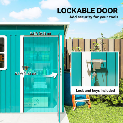 7 x 4ft Galvanised Steel Garden Shed with Lock and Window - Green