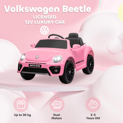 Volkswagen Beetle Licensed 12V Ride-On Car with Remote Control, Suspension, Lights & Music - Pink
