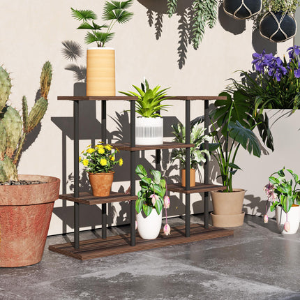 Four-Tier Wooden Plant Stand with Six Shelves and Metal Frame - Black Carbonised Finish