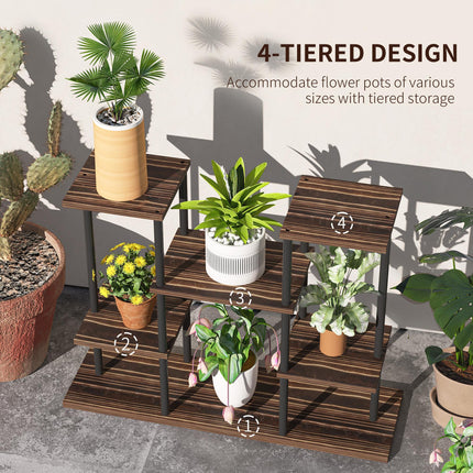 Four-Tier Wooden Plant Stand with Six Shelves and Metal Frame - Black Carbonised Finish
