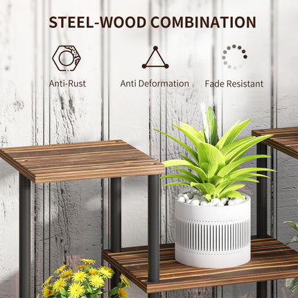 Four-Tier Wooden Plant Stand with Six Shelves and Metal Frame - Black Carbonised Finish