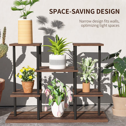 Four-Tier Wooden Plant Stand with Six Shelves and Metal Frame - Black Carbonised Finish