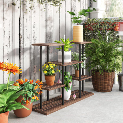 Four-Tier Wooden Plant Stand with Six Shelves and Metal Frame - Black Carbonised Finish