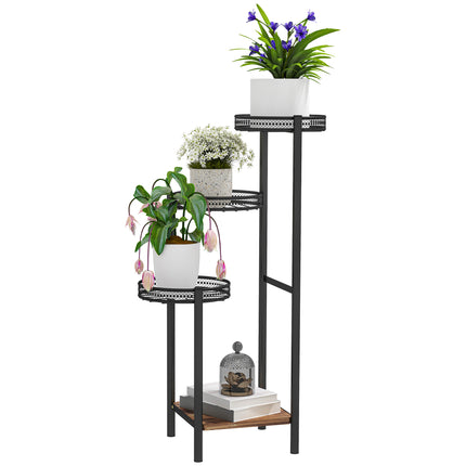 Four-Tier Steel Plant Stand with Planter Trays and Wooden Shelf - Black