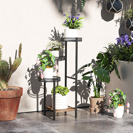 Four-Tier Steel Plant Stand with Planter Trays and Wooden Shelf - Black