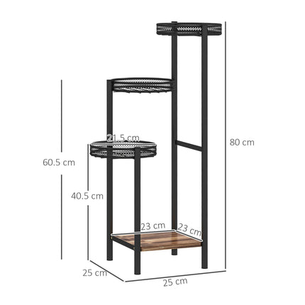 Four-Tier Steel Plant Stand with Planter Trays and Wooden Shelf - Black