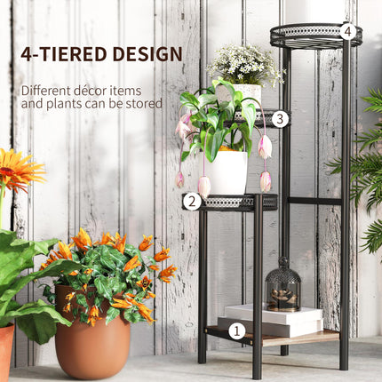 Four-Tier Steel Plant Stand with Planter Trays and Wooden Shelf - Black
