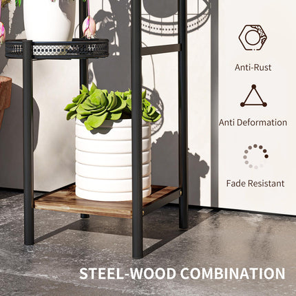 Four-Tier Steel Plant Stand with Planter Trays and Wooden Shelf - Black