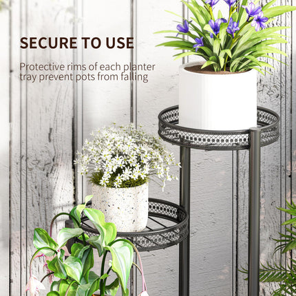 Four-Tier Steel Plant Stand with Planter Trays and Wooden Shelf - Black