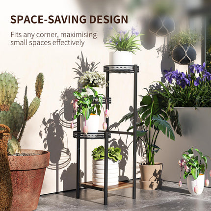 Four-Tier Steel Plant Stand with Planter Trays and Wooden Shelf - Black