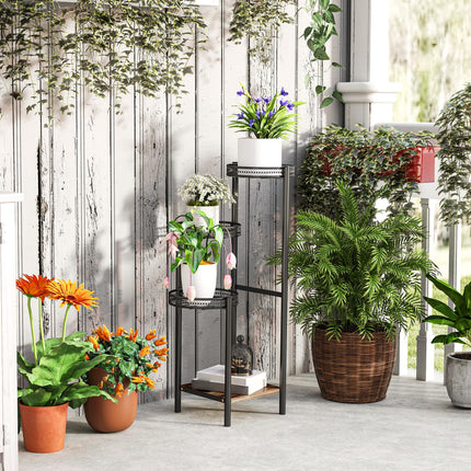 Four-Tier Steel Plant Stand with Planter Trays and Wooden Shelf - Black
