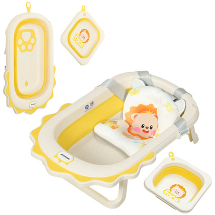 Foldable Baby Bath Tub Set with Bath Cushion, Wash Basin, Non-Slip Stand, Bottom