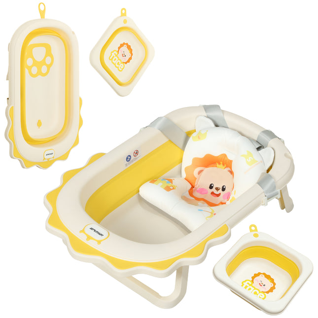 Foldable Baby Bath Tub Set with Bath Cushion, Wash Basin, Non-Slip Stand, Bottom