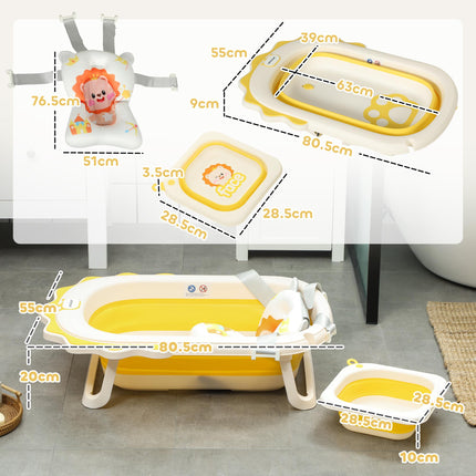 Foldable Baby Bath Tub Set with Bath Cushion, Wash Basin, Non-Slip Stand, Bottom