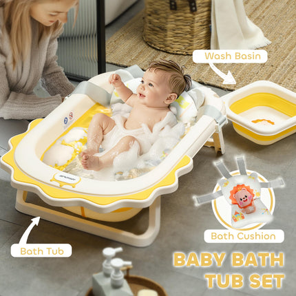 Foldable Baby Bath Tub Set with Bath Cushion, Wash Basin, Non-Slip Stand, Bottom