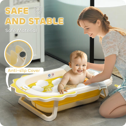 Foldable Baby Bath Tub Set with Bath Cushion, Wash Basin, Non-Slip Stand, Bottom