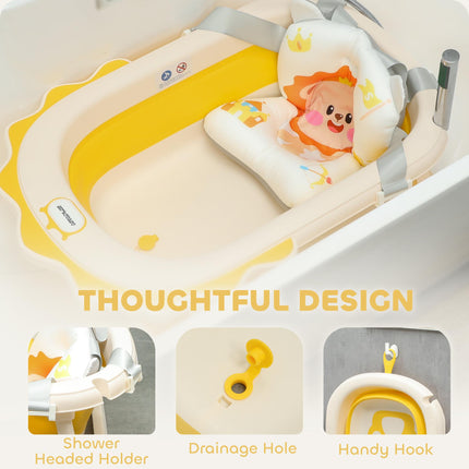 Foldable Baby Bath Tub Set with Bath Cushion, Wash Basin, Non-Slip Stand, Bottom