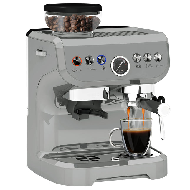 15 Bar Coffee Machine with Adjustable Grind, Steamer & Accessories - Silver