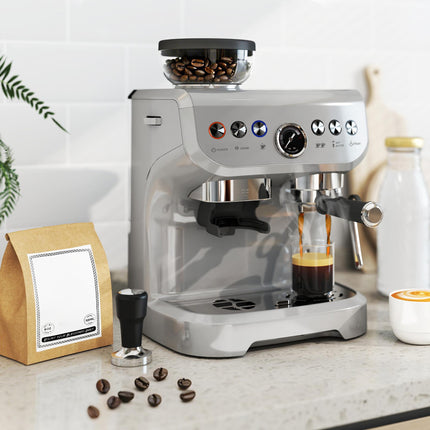 15 Bar Coffee Machine with Adjustable Grind, Steamer & Accessories - Silver