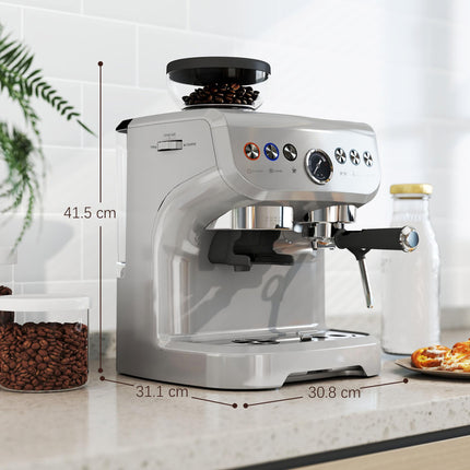 15 Bar Coffee Machine with Adjustable Grind, Steamer & Accessories - Silver