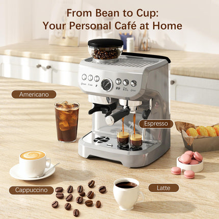 15 Bar Coffee Machine with Adjustable Grind, Steamer & Accessories - Silver