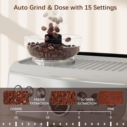 15 Bar Coffee Machine with Adjustable Grind, Steamer & Accessories - Silver
