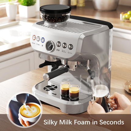 15 Bar Coffee Machine with Adjustable Grind, Steamer & Accessories - Silver