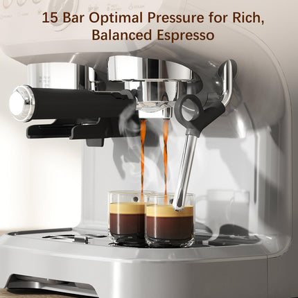 15 Bar Coffee Machine with Adjustable Grind, Steamer & Accessories - Silver